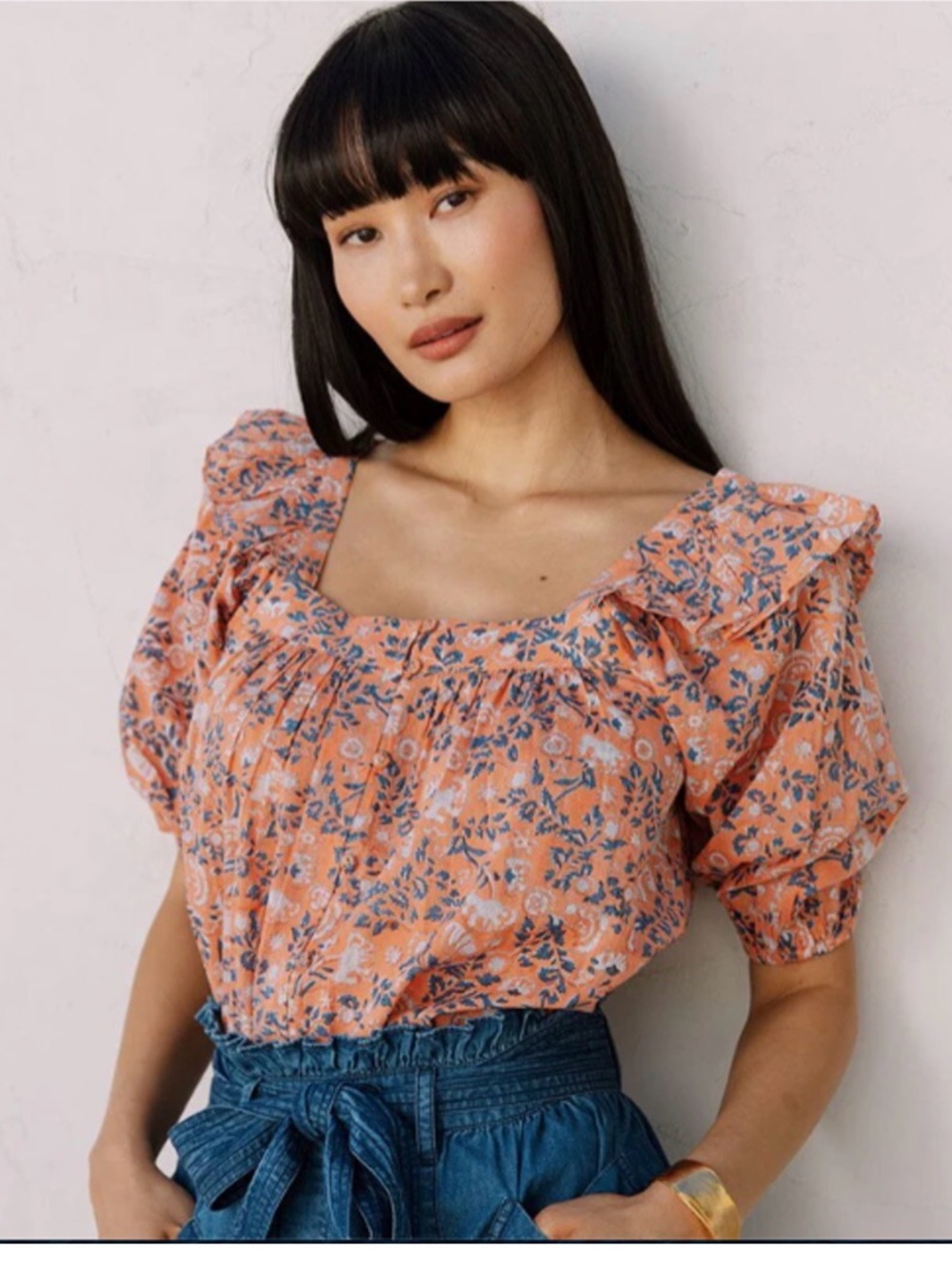 Cleobella Coral Peach Floral Puff-Sleeve Blouse Large